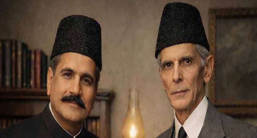 Two men dressed as historical figures Muhammad Ali Jinnah and Allama Muhammad Iqbal in a period setting. (