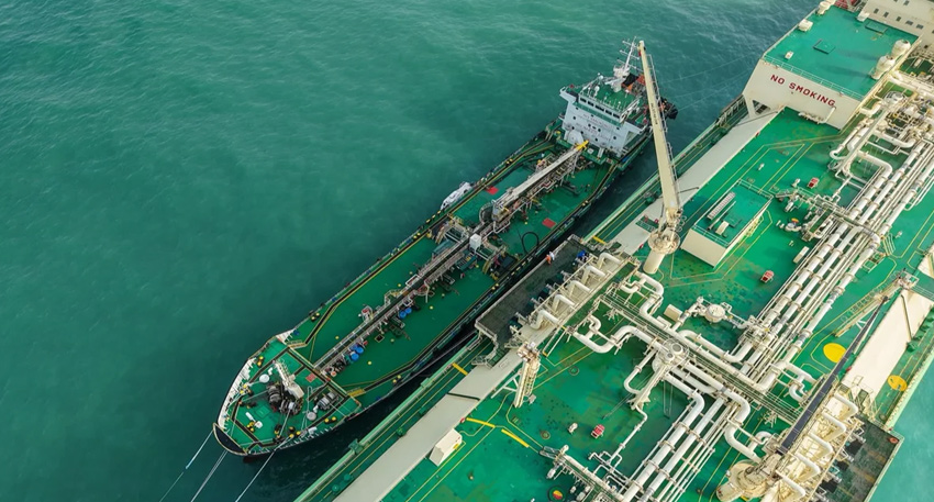 Two oil tankers side-by-side at Gwadar Port, Pakistan, for ship refueling operations.