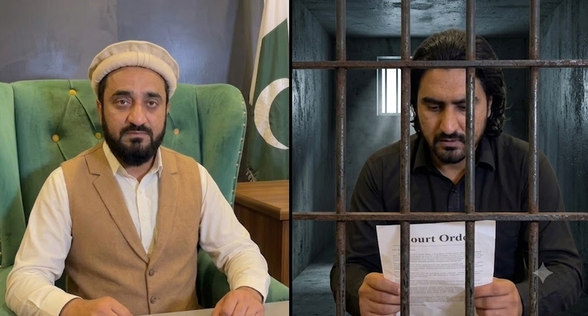 Split image of Majid Satti in formal attire and Farrukh Khokhar behind bars reading a court order.