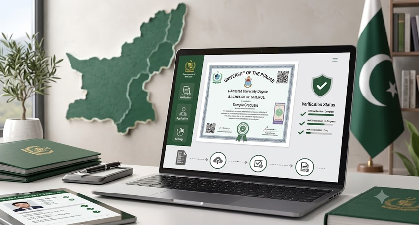 Laptop displaying a digital Balochistan e-domicile certificate next to a Pakistan flag and provincial map.