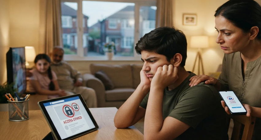 A frustrated teenage boy sitting at a table with an 