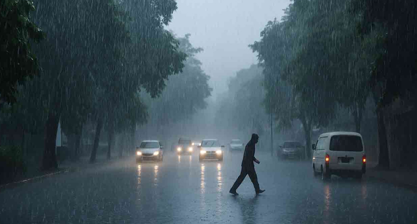 Vehicles and a pedestrian navigating a heavy downpour on a tree-lined city street during monsoon rains.