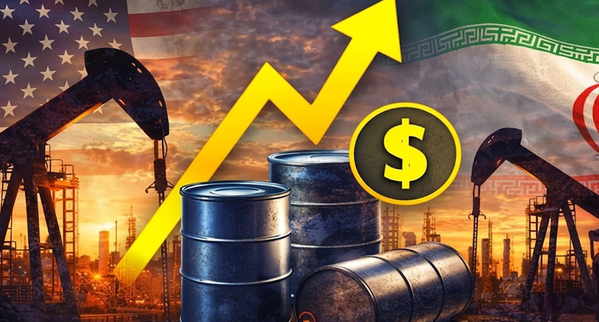 Oil barrels and jacks with US and Iran flags behind a rising yellow arrow and dollar icon.