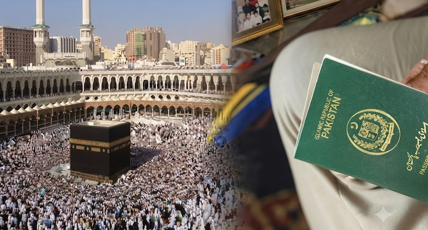 A split image showing the Kaaba in Mecca packed with pilgrims alongside a hand holding a Pakistani passport.