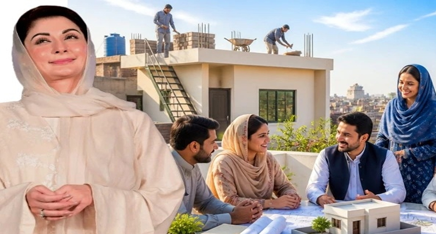 Maryam Nawaz pictured next to people reviewing home models and workers fixing a roof under a housing scheme.