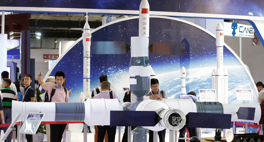 Model of Tiangong Space Station and rockets at a Chinese aerospace exhibition.