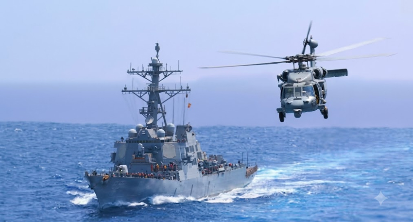 US destroyer sails in open ocean as a military helicopter hovers nearby.