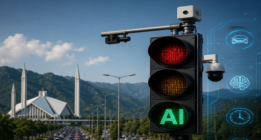 AI traffic signal in Islamabad with Shah Faisal Mosque in the background.