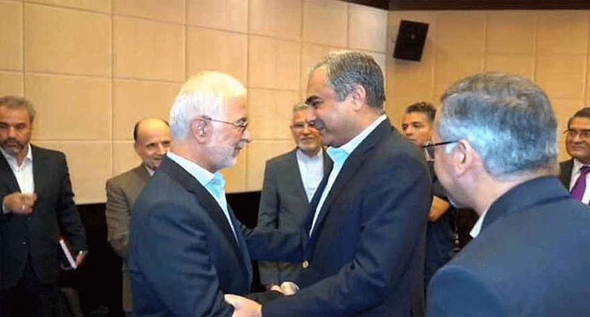 Iran's Interior Minister Eskandar Momeni being received by Pakistan's Interior Minister Mohsin Naqvi at Islamabad airport.