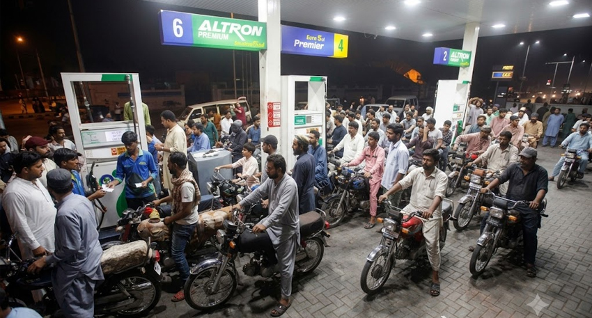 Crowded petrol pump in Lahore with motorcyclists lining up for fuel.