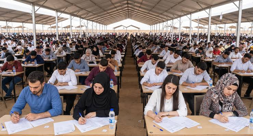 Students take an exam under a large tent.