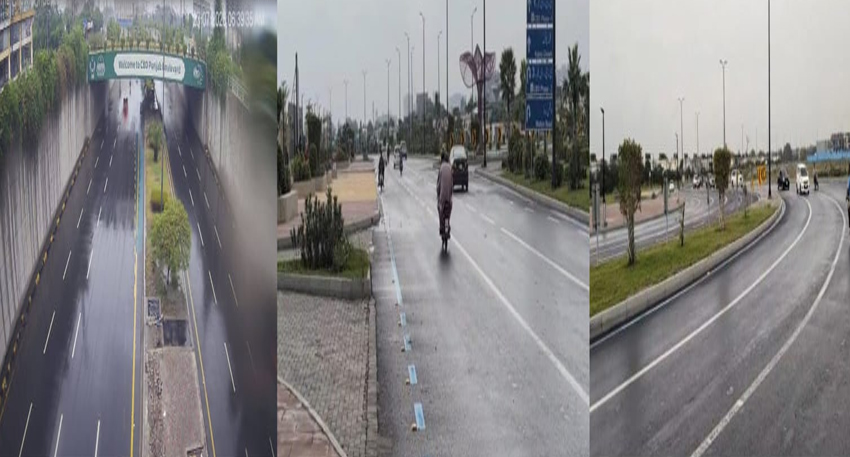 Wet asphalt roads of CBD Route 47 in Punjab during monsoon.