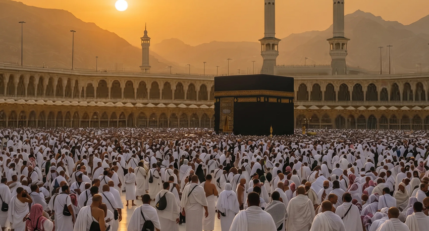 Pilgrims circumambulating the Kaaba at Masjid al-Haram during Hajj.