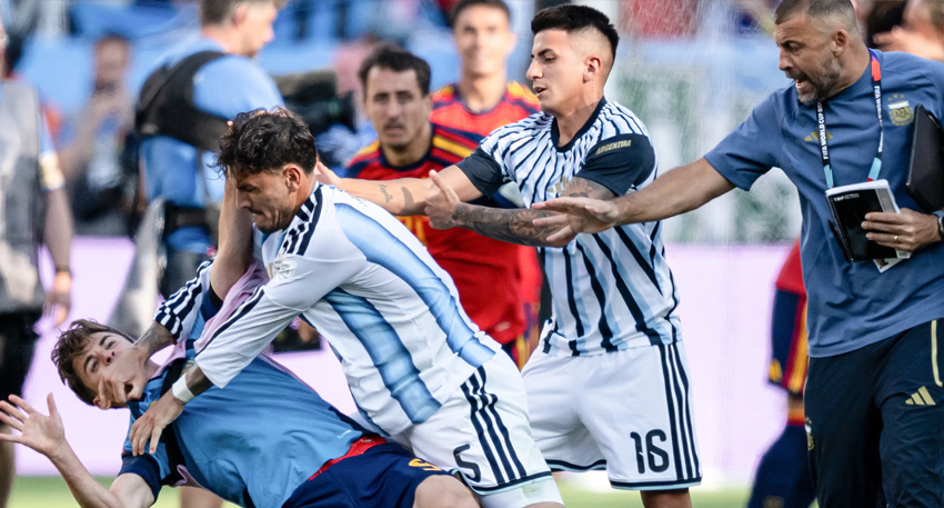 Rodrigo De Paul and Thiago Almada in a heated on-field scuffle during the Argentina vs Spain match.