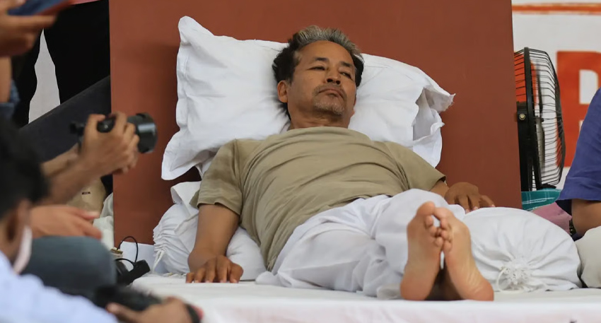 Sonam Wangchuk lying down during his hunger strike in Ladakh.