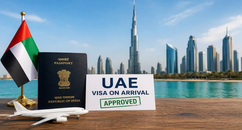 Indian passport and UAE visa on arrival card with Dubai skyline backdrop.