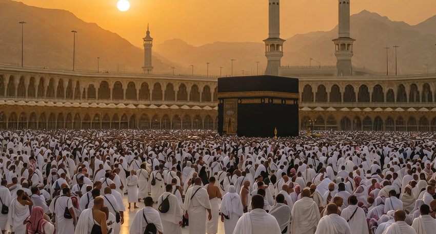 Crowds performing Hajj around the Kaaba in Mecca during sunset.