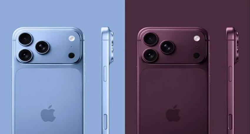 Back and side view of blue and purple iPhone 18 concept designs with horizontal camera bumps.