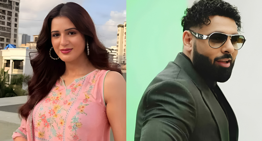 Side-by-side photos of Isha Rikhi in a pink outfit and rapper Badshah wearing sunglasses.