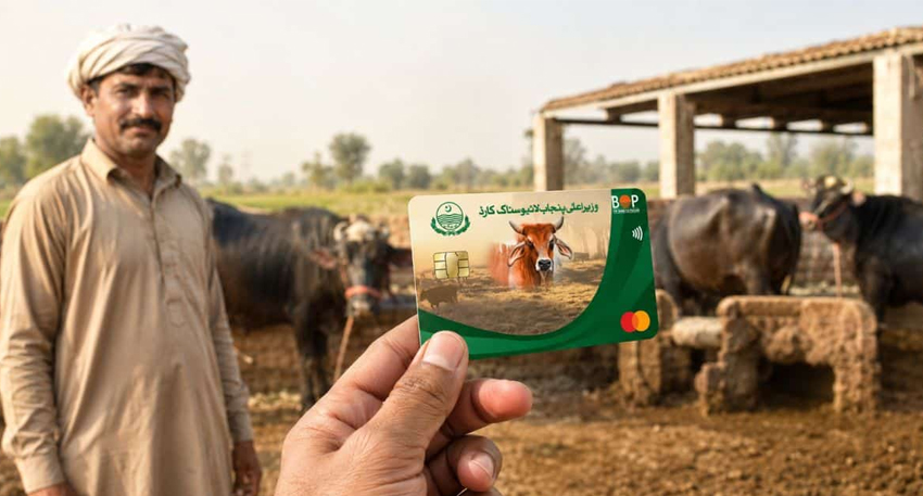 A farmer standing by livestock while a hand holds a Punjab Livestock Card.