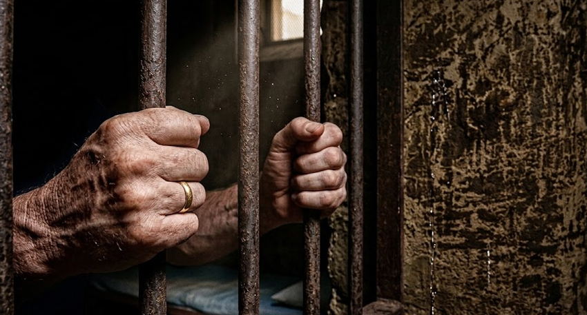 Hands with a ring gripping prison bars.