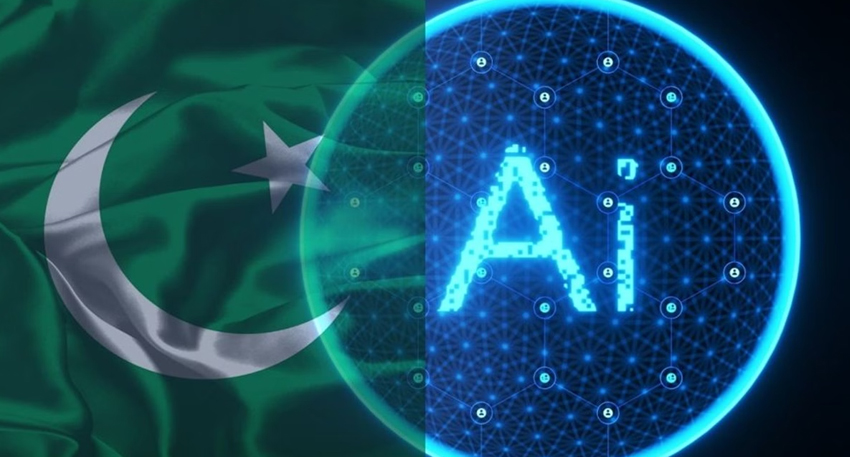 Pakistan flag overlaid with a glowing digital blue circle containing the text AI and a network grid.