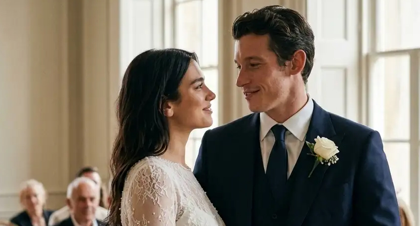 Bride and groom looking lovingly at each other during a wedding ceremony.