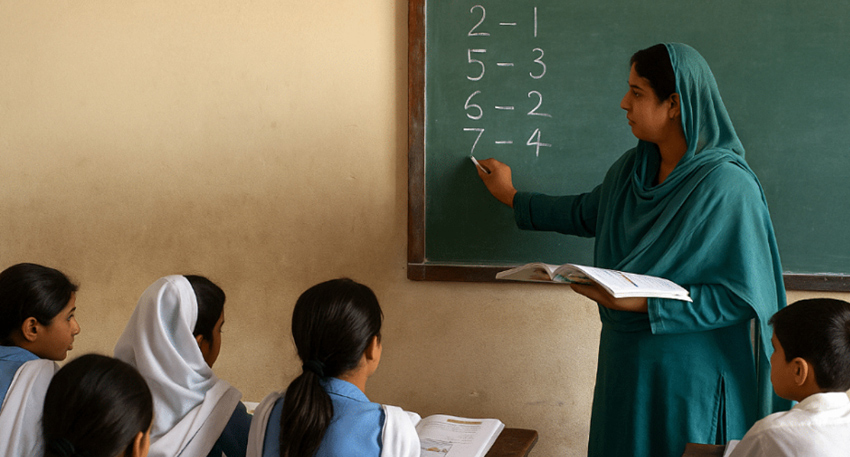 A teacher writing math problems on a chalkboard for seated students.
