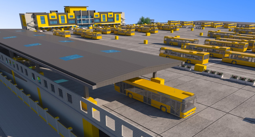 3D digital model of the Karachi Yellow Line BRT bus depot featuring numerous yellow buses and terminal buildings.
