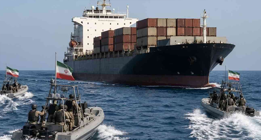 Iranian Revolutionary Guard speedboats surround a container ship in the Strait of Hormuz.