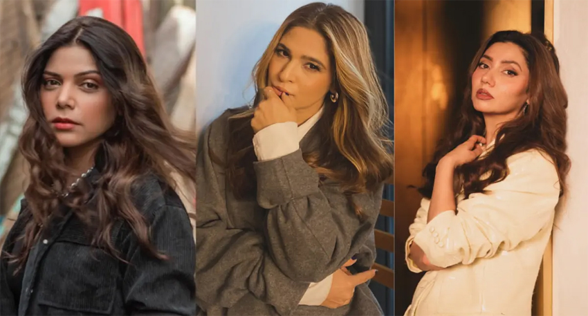 Three Pakistani actresses, including Mahira Khan, in a composite photo.