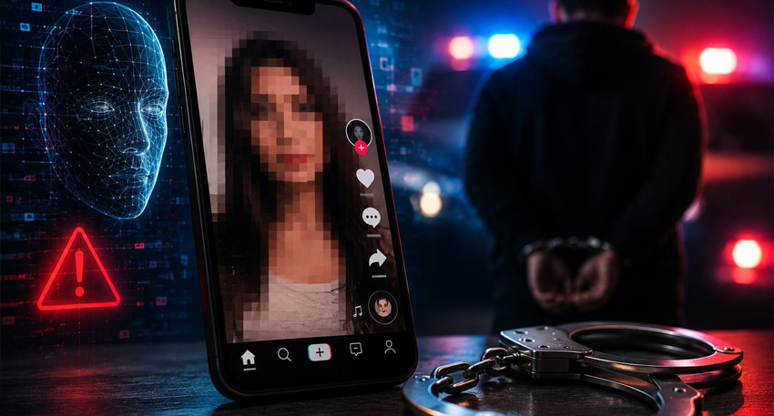 A smartphone showing a pixelated face next to handcuffs and a person in police custody.