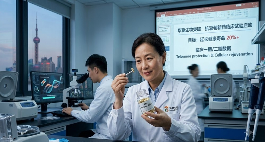 AI-generated image of a Chinese scientist holding a bottle of longevity pills in a modern biotech lab.