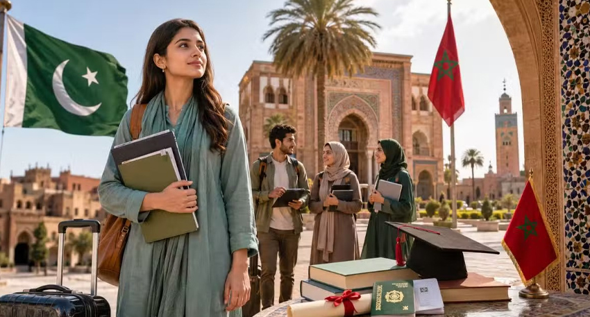 Students with Pakistani flag and Moroccan flags at an architectural site, promoting the 2026-27 scholarship program.