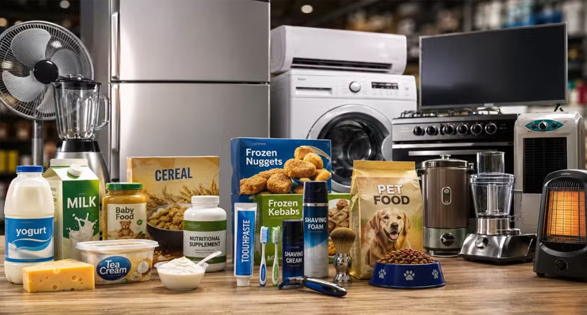 Assorted household appliances, groceries, and personal care products arranged on a wooden surface.