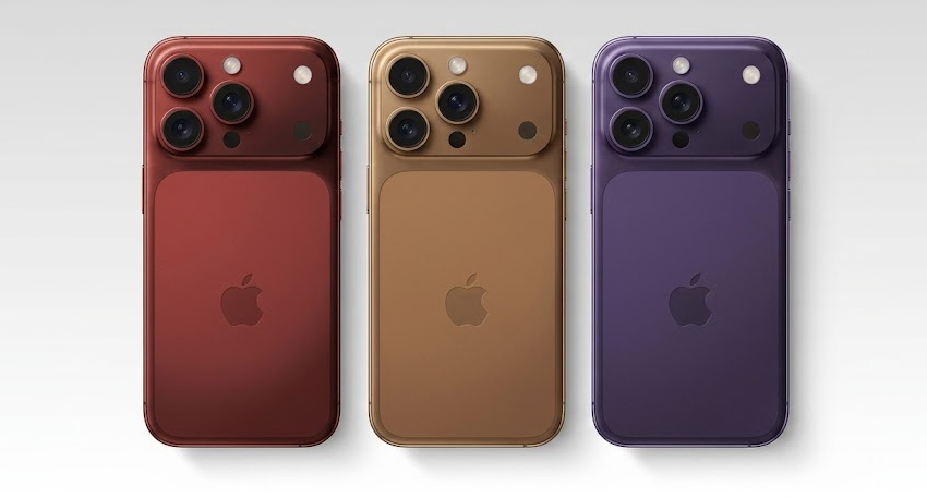 AI-generated concept render of iPhone 18 Pro in burgundy, coffee, and purple with a quad-lens camera plateau.