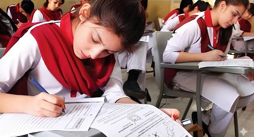 Female students in white and red uniforms focused on an exam paper in a classroom setting.