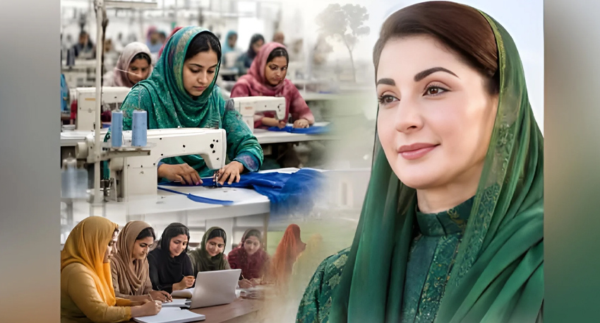Chief Minister Maryam Nawaz Sharif alongside rural women training in the textile industry.