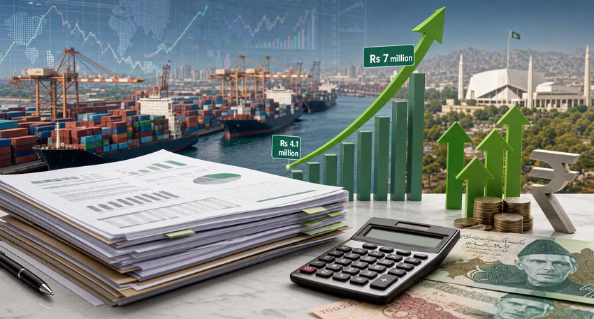 Digital montage of a calculator, Pakistani currency, and growth charts against a port and city background.