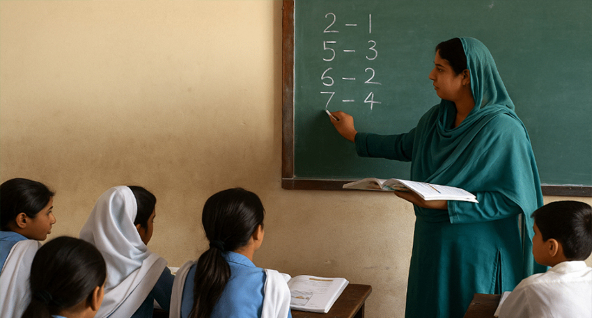 A teacher in a green hijab writes subtraction problems on a chalkboard for students in a Pakistani classroom.