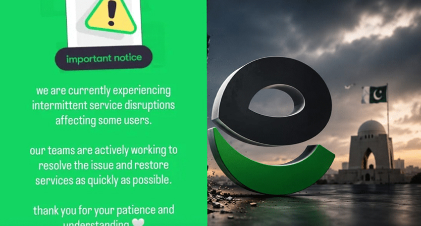 Easypaisa logo next to a service disruption notice on a green background.