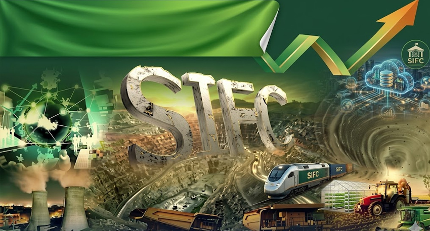 Illustration of SIFC's sectors: energy, mining, tech, and farming with a green growth arrow.