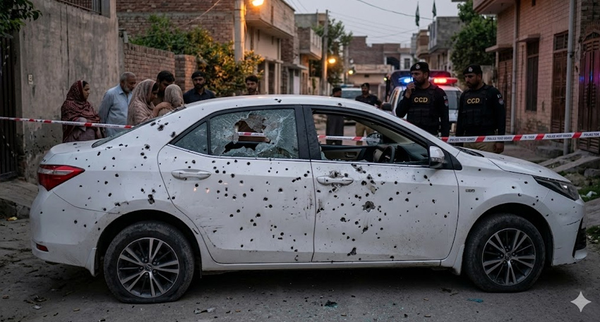 A white bullet-riddled Toyota Corolla at a crime scene in Chakwal, Pakistan, guarded by CCD police officers
