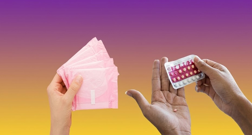 Hands holding pink sanitary pads and a blister pack of contraceptive pills against a purple and orange background.