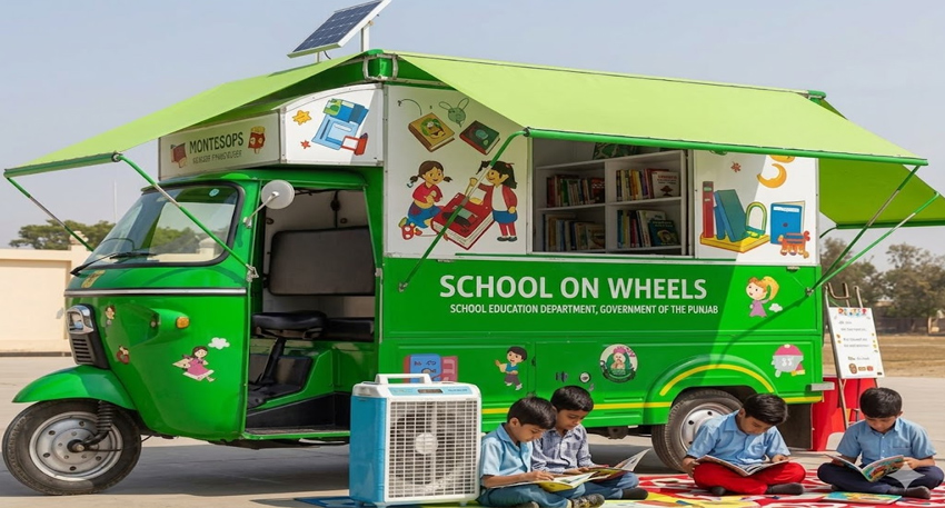 A green rickshaw converted into a mobile library for students in Punjab, Pakistan.