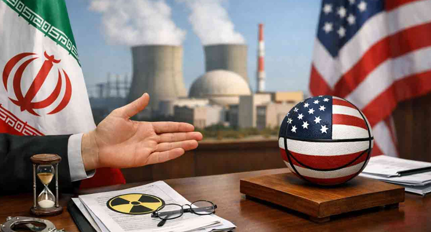 Illustration of U.S. and Iran flags with nuclear facilities, an hourglass, and a basketball with U.S. flag patterns.