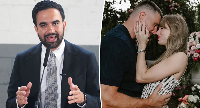 Split screen showing Zohran Mamdani speaking at a microphone and a romantic photo of Travis Kelce and Taylor Swift.