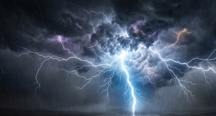 Dramatic lightning bolt striking from a dark, stormy sky with heavy rain and swirling grey clouds.