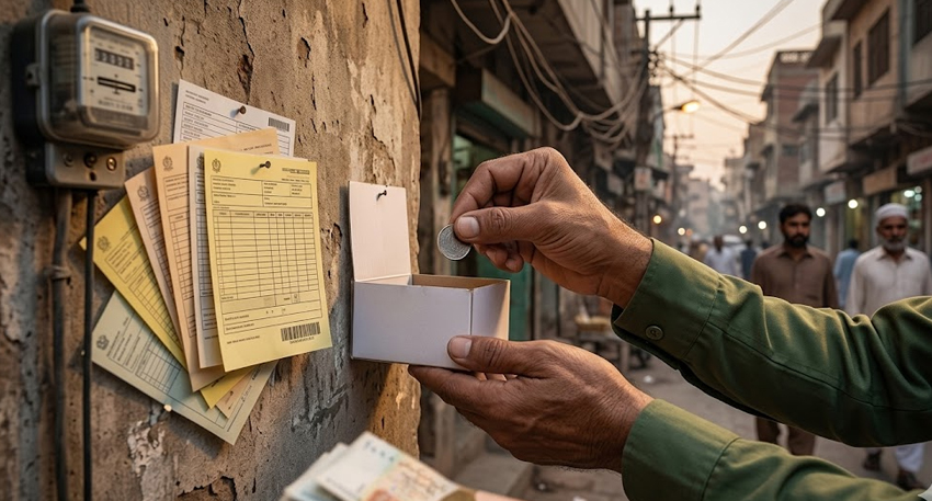 Hands placing a coin into a donation box next to utility bills posted on a wall.
