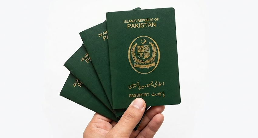A person holding four green Pakistani passports fanned out against a white background.